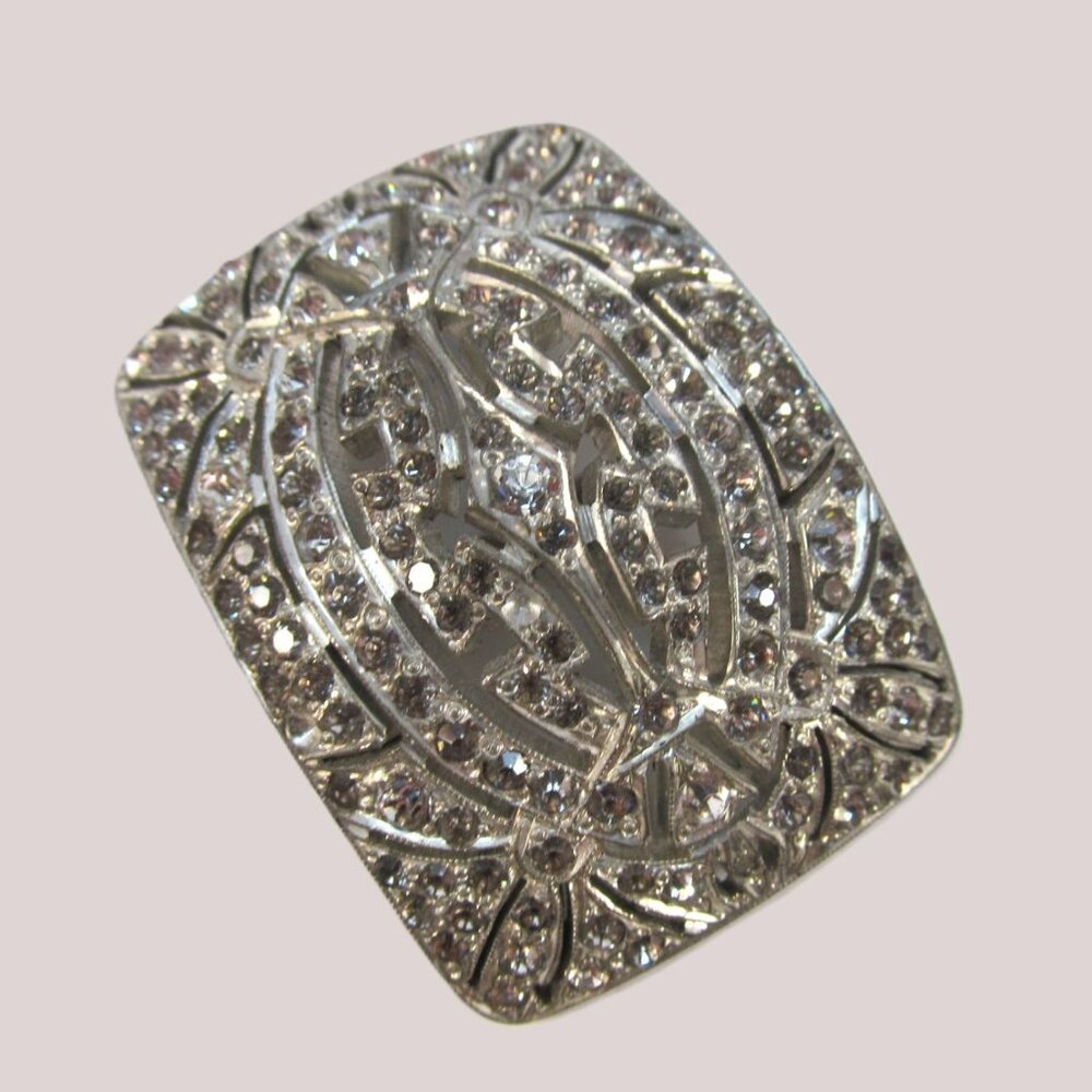 Antique Art Deco Silver Tone Rhinestone Rectangular Belt Buckle